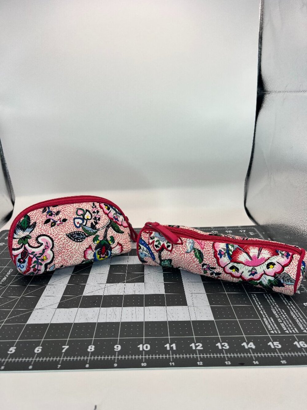 Vera Bradley Stitched Flowers Retired Clamshell Cosmetic Bag & Pencil Brush Case
